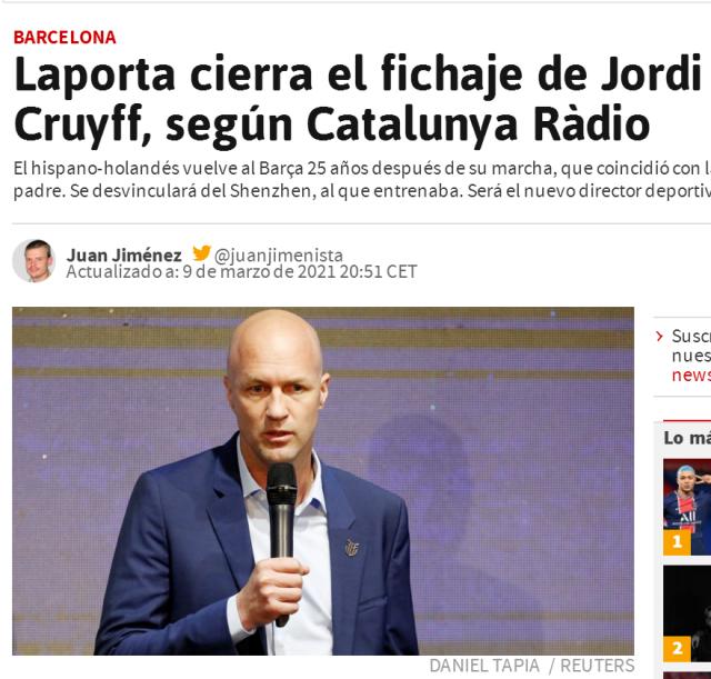 开云官方-定了？阿斯报：小克鲁伊夫即将任巴萨技术总监